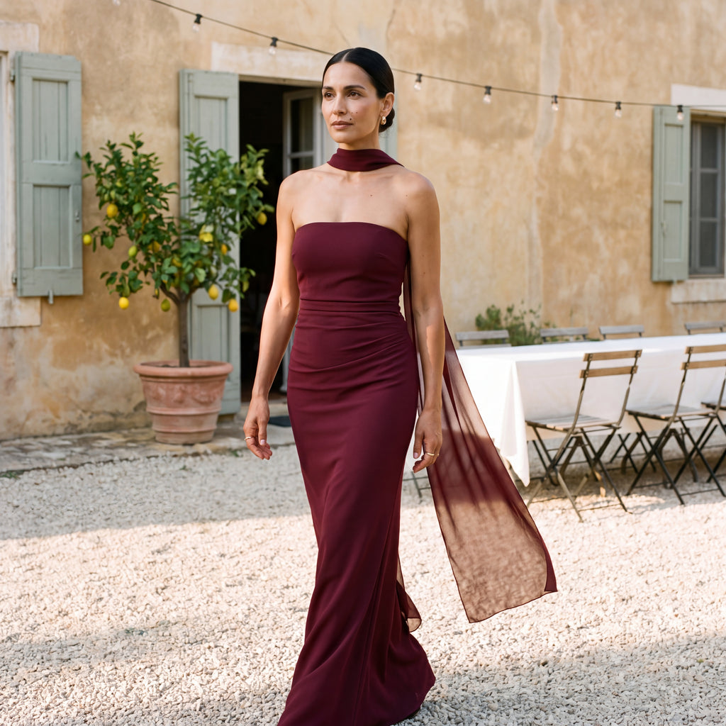 Maxi Strapless Dress with Drape Flowy Burgundy