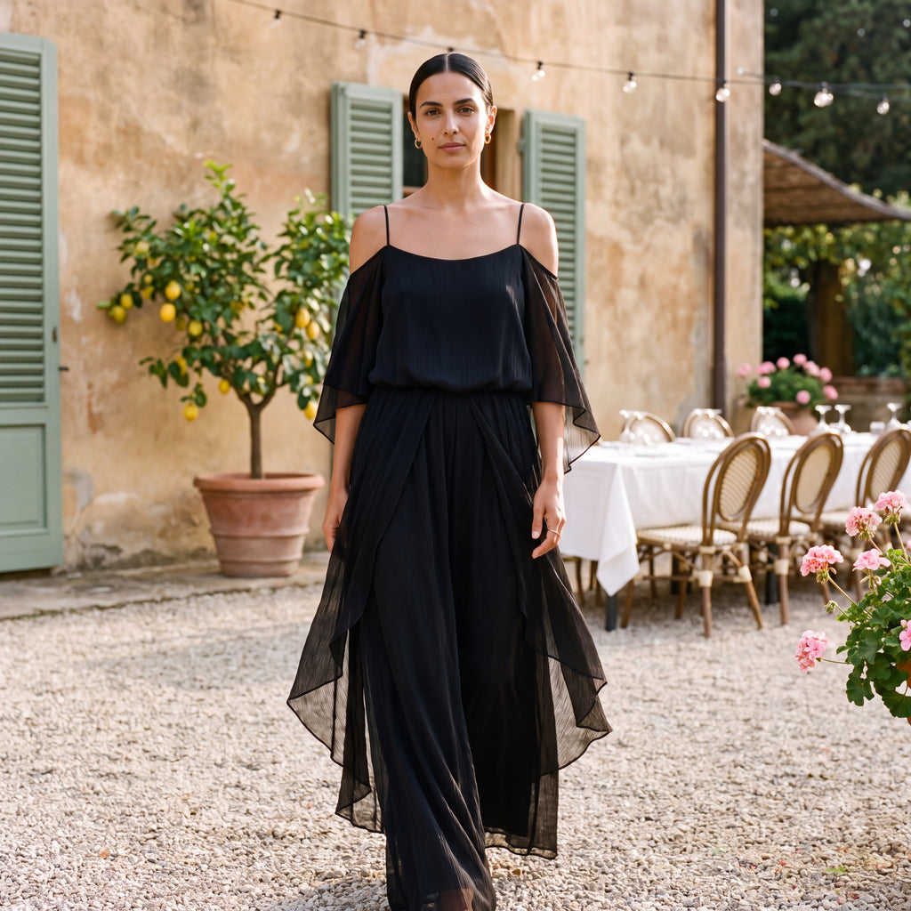 Sofia | Long Chiffon Dress with Off-Shoulder Neckline