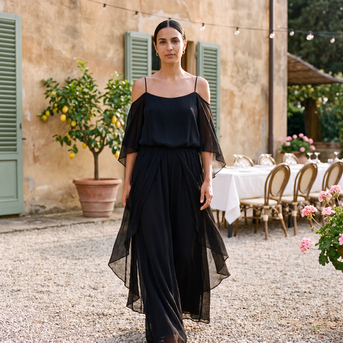 Sofia | Long Chiffon Dress with Off-Shoulder Neckline