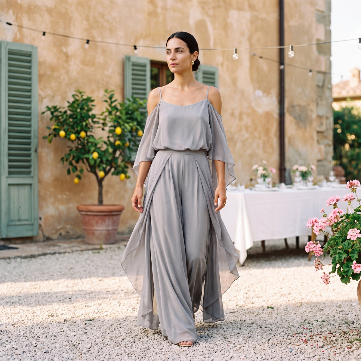 Sofia | Long Chiffon Dress with Off-Shoulder Neckline