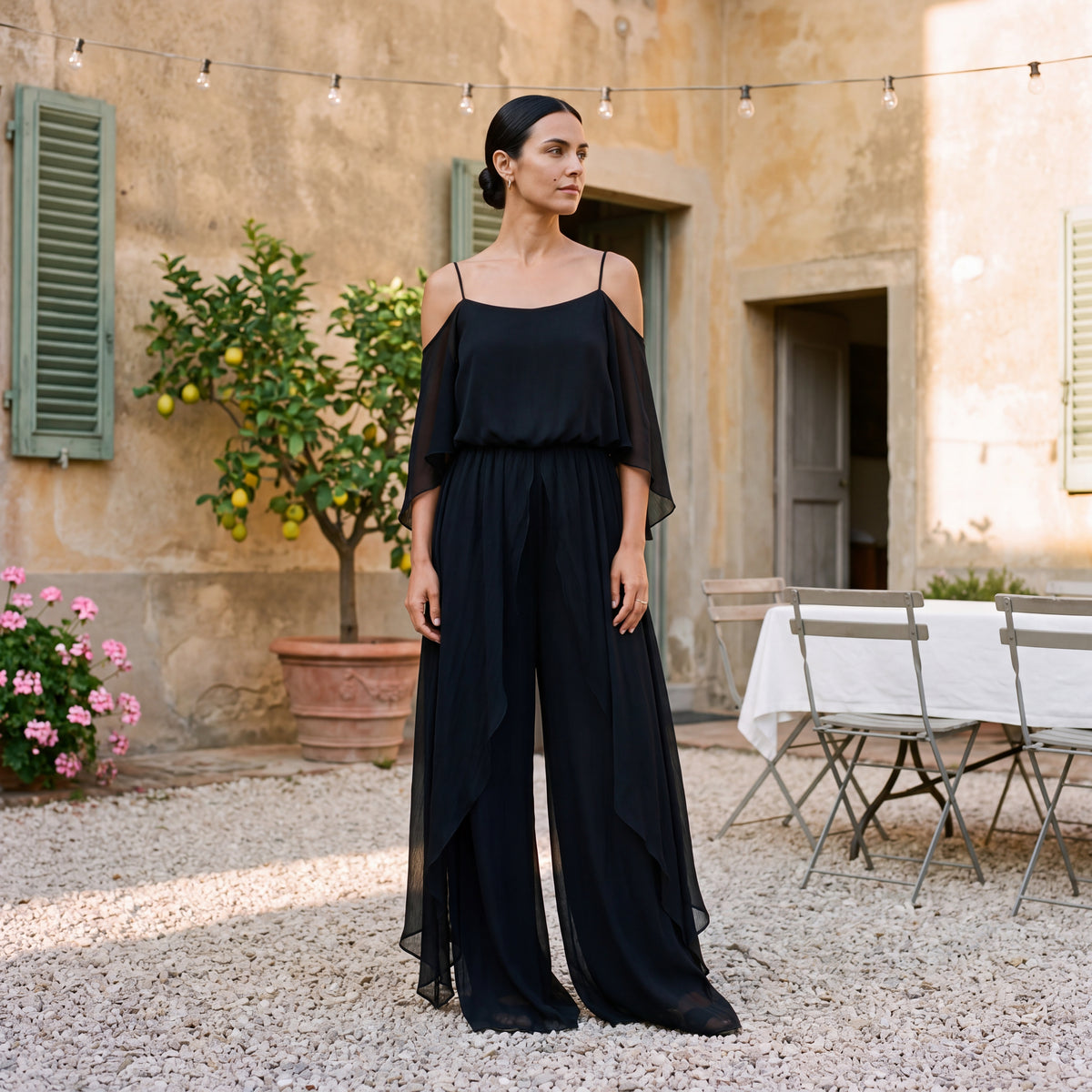 Sofia | Long Chiffon Dress with Off-Shoulder Neckline