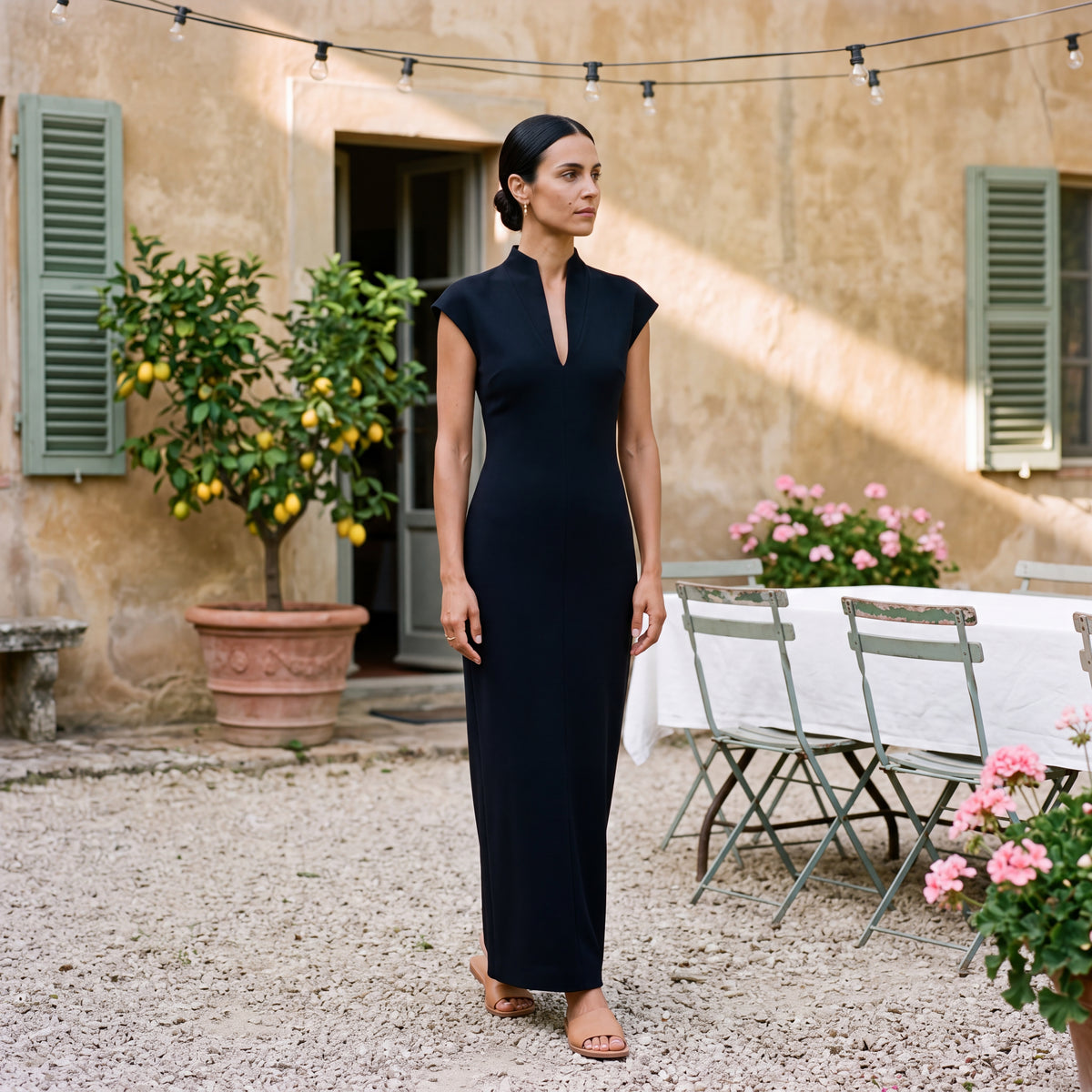 Alessia | Long Column Dress with High Neck & V-Neckline