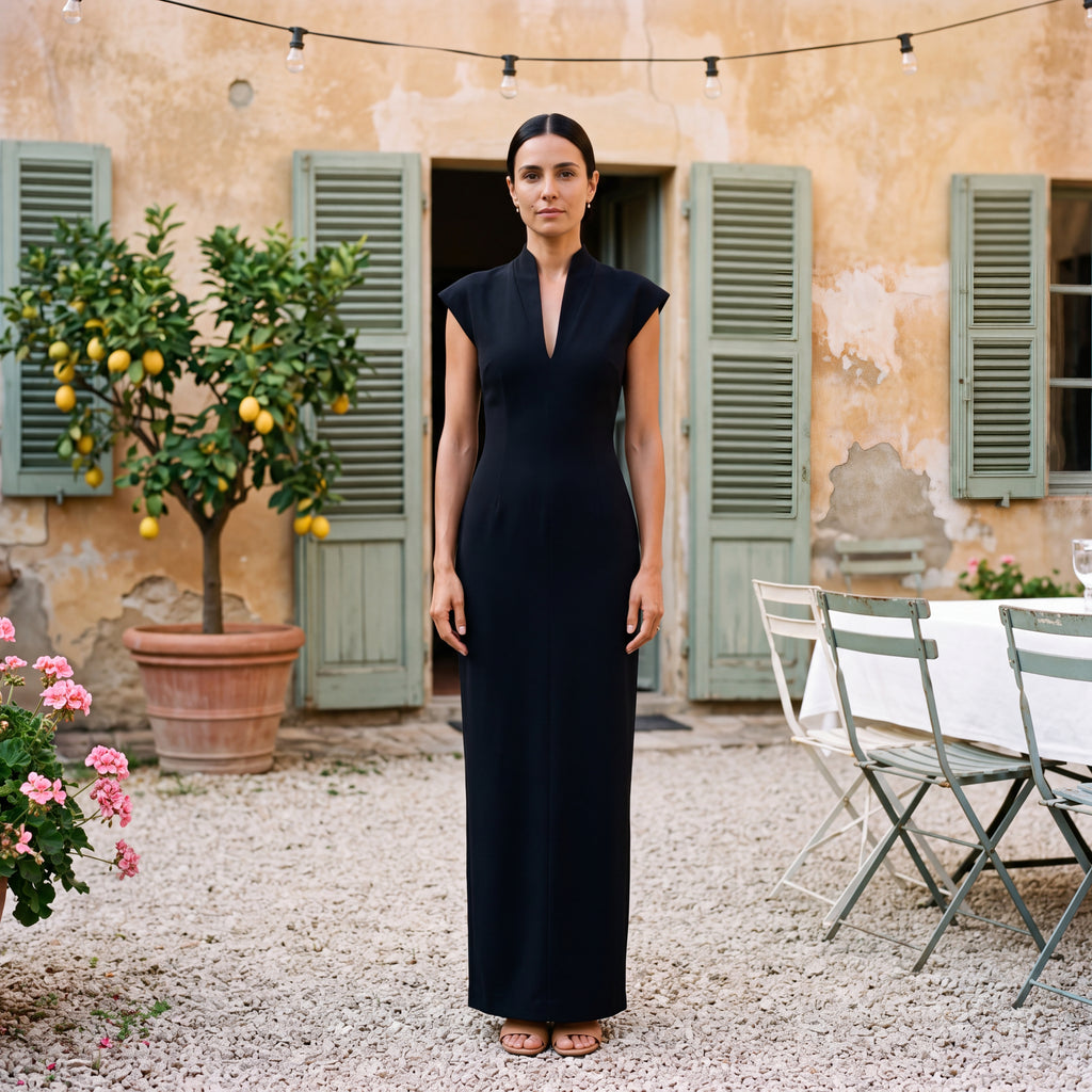 Alessia | Long Column Dress with High Neck & V-Neckline