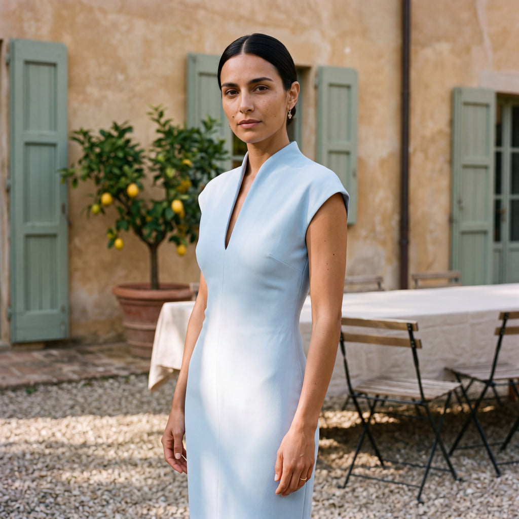 Alessia | Long Column Dress with High Neck & V-Neckline