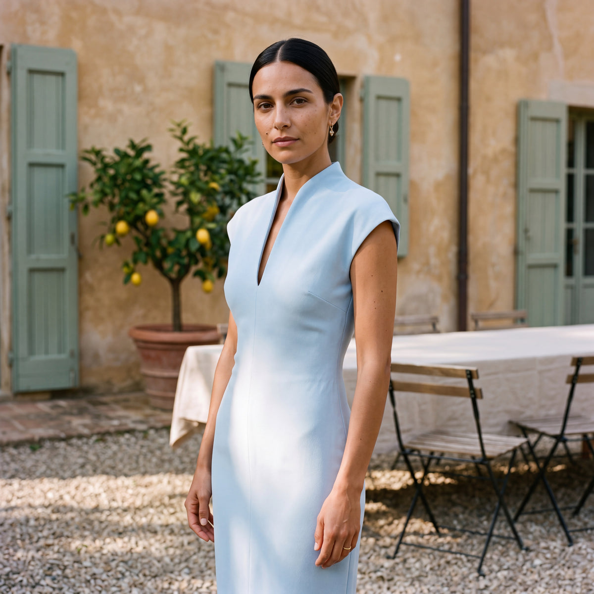 Alessia | Long Column Dress with High Neck & V-Neckline
