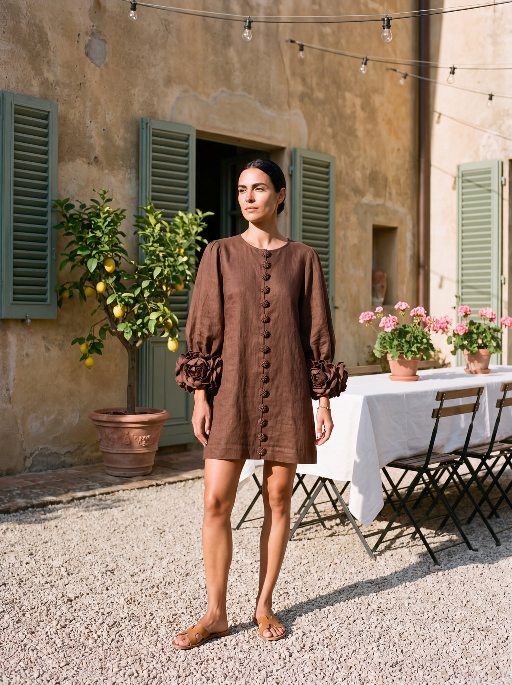 Mini Linen Dress with Flower Buttons & Rosette Cuffs