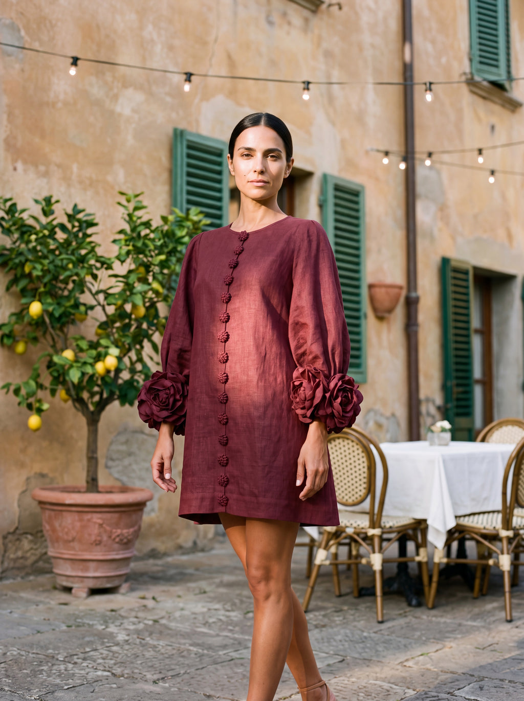 Mini Linen Dress with Flower Buttons & Rosette Cuffs