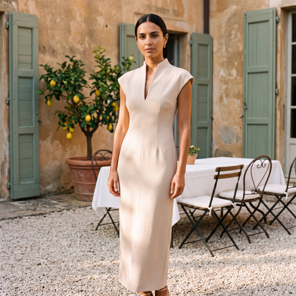Alessia | Long Column Dress with High Neck & V-Neckline