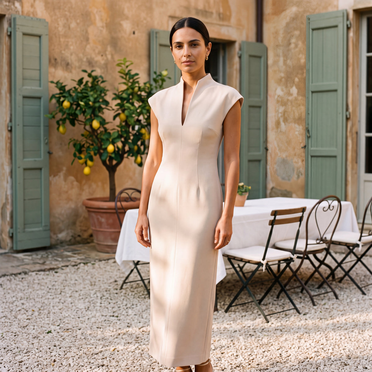 Alessia | Long Column Dress with High Neck & V-Neckline