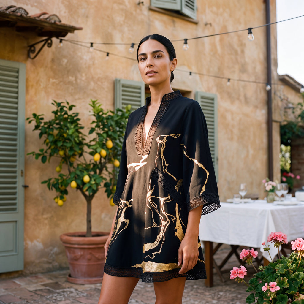 Donatella | Mini Dress with Print Marmo Dorata & Lace Crochet