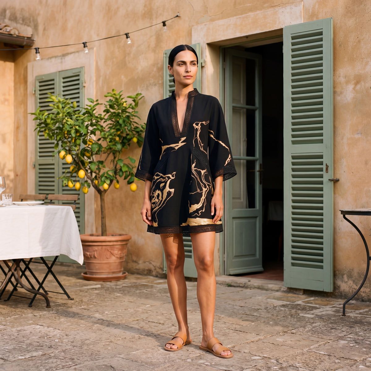 Donatella | Mini dress with gold marble print and crochet lace