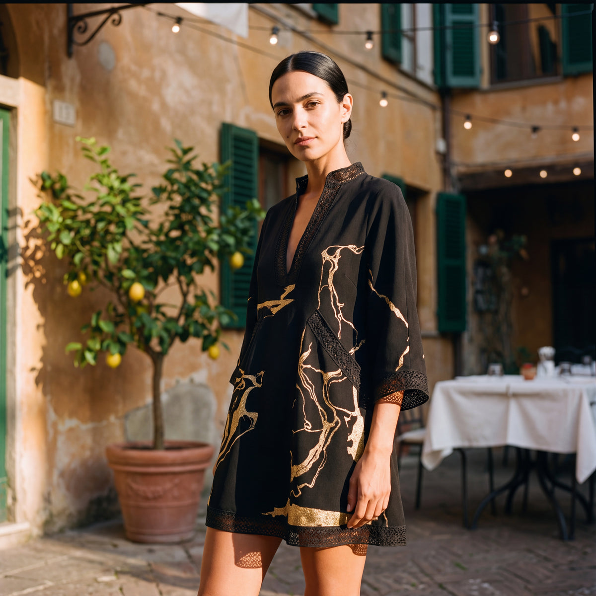 Donatella | Mini Dress with Print Marmo Dorata & Lace Crochet