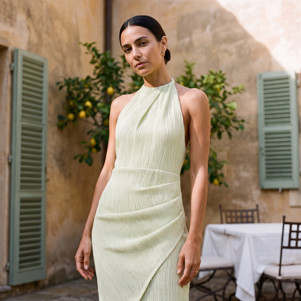 Celia – Midi Halter Effect Silhouette Sage Green Dress