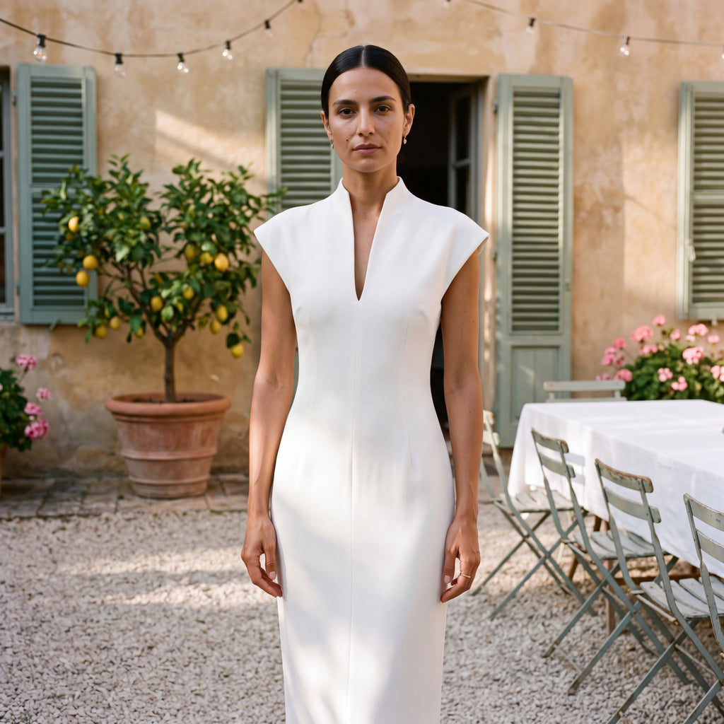 Alessia | Long Column Dress with High Neck & V-Neckline