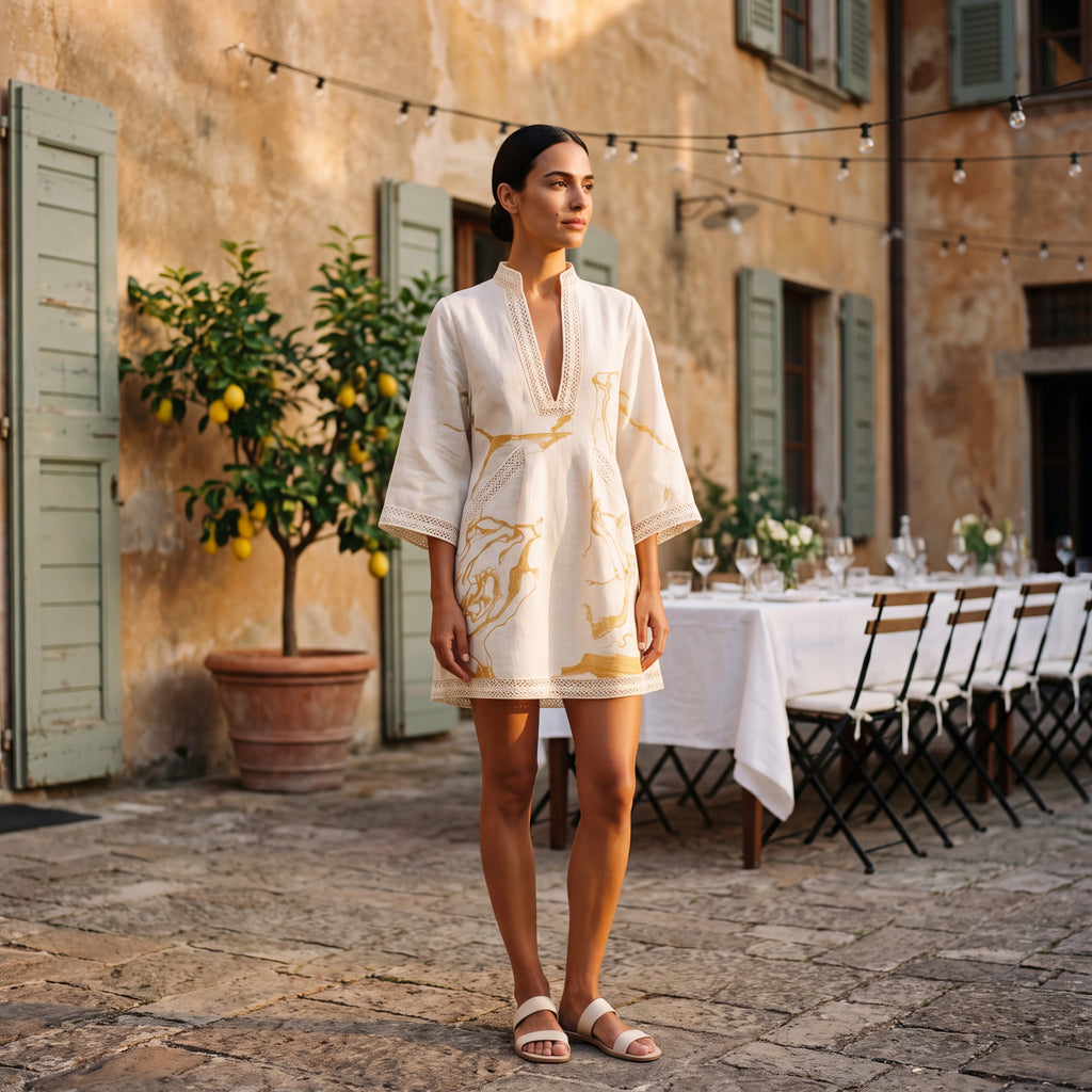 Donatella | Mini Dress with Print Marmo Dorata & Lace Crochet