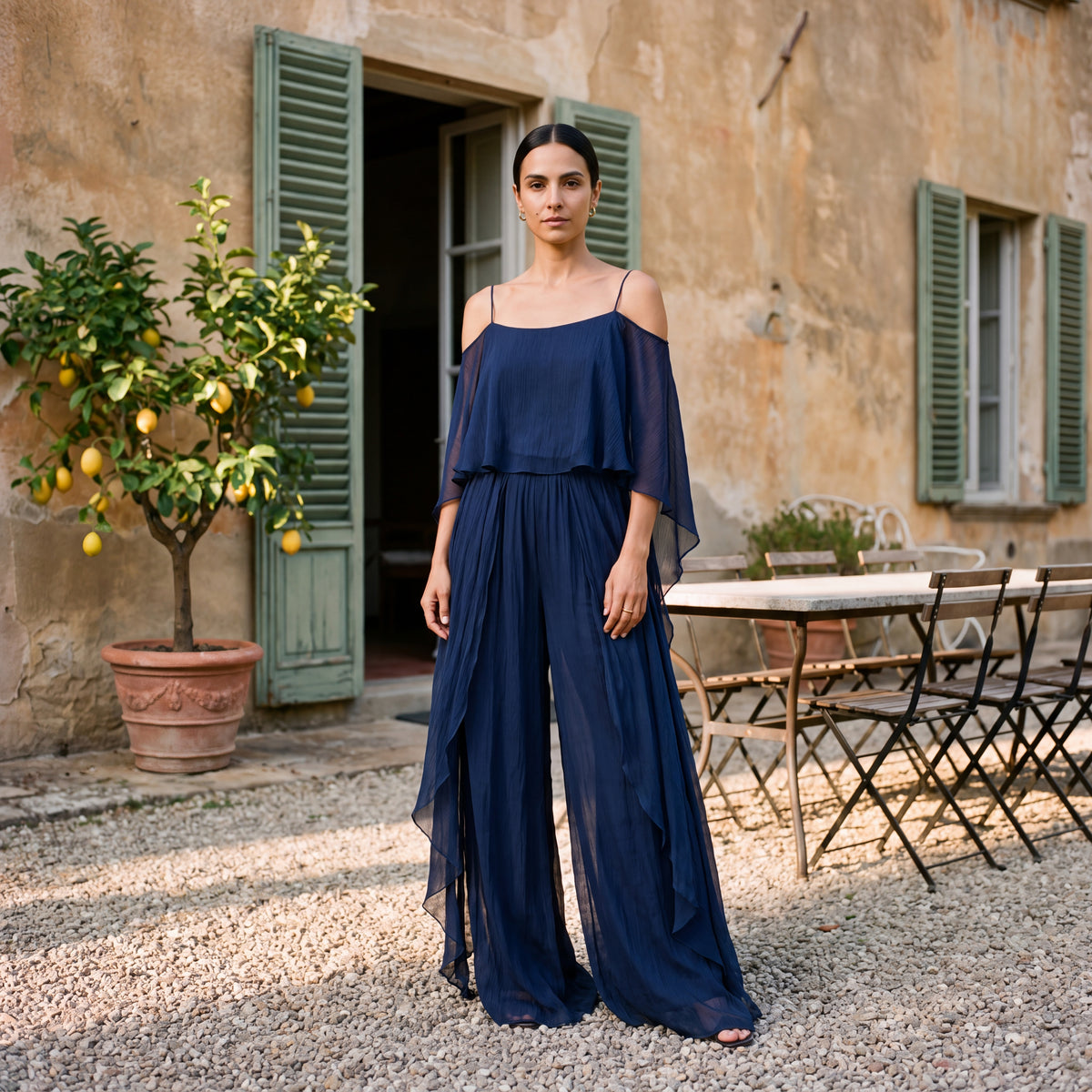 Sofia | Long Chiffon Dress with Off-Shoulder Neckline
