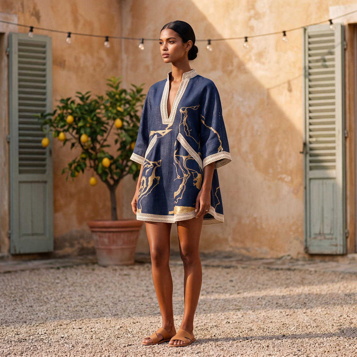 Donatella | Mini Dress with Print Marmo Dorata & Lace Crochet