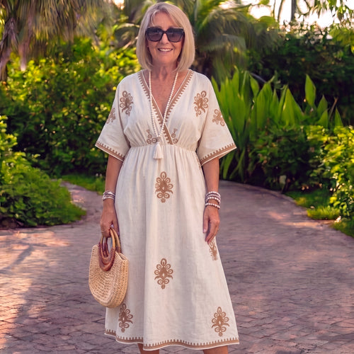 Alessandra | Linen & Cotton Dress with Lace V-Neck