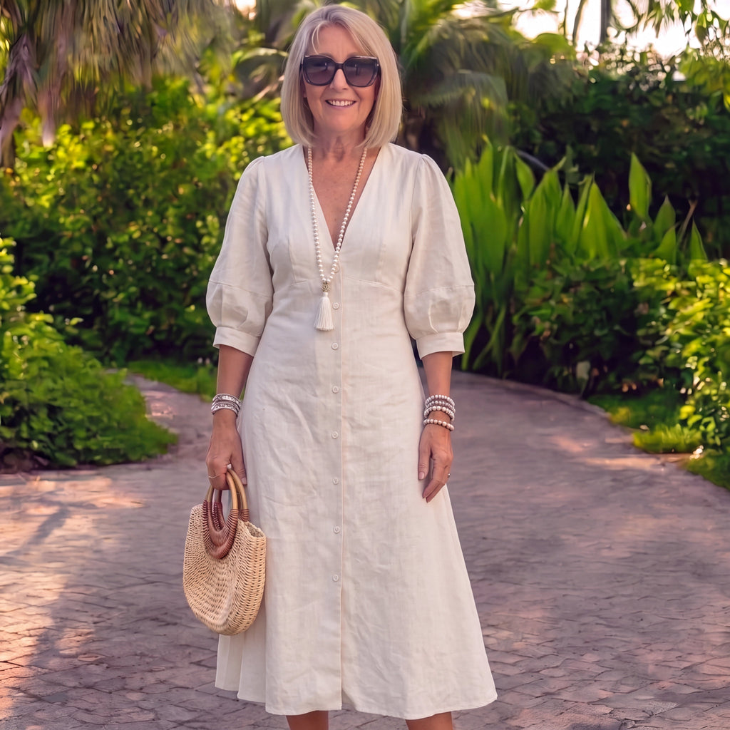 Amaranta | Linen & Cotton Dress with V-Neck & Open Back