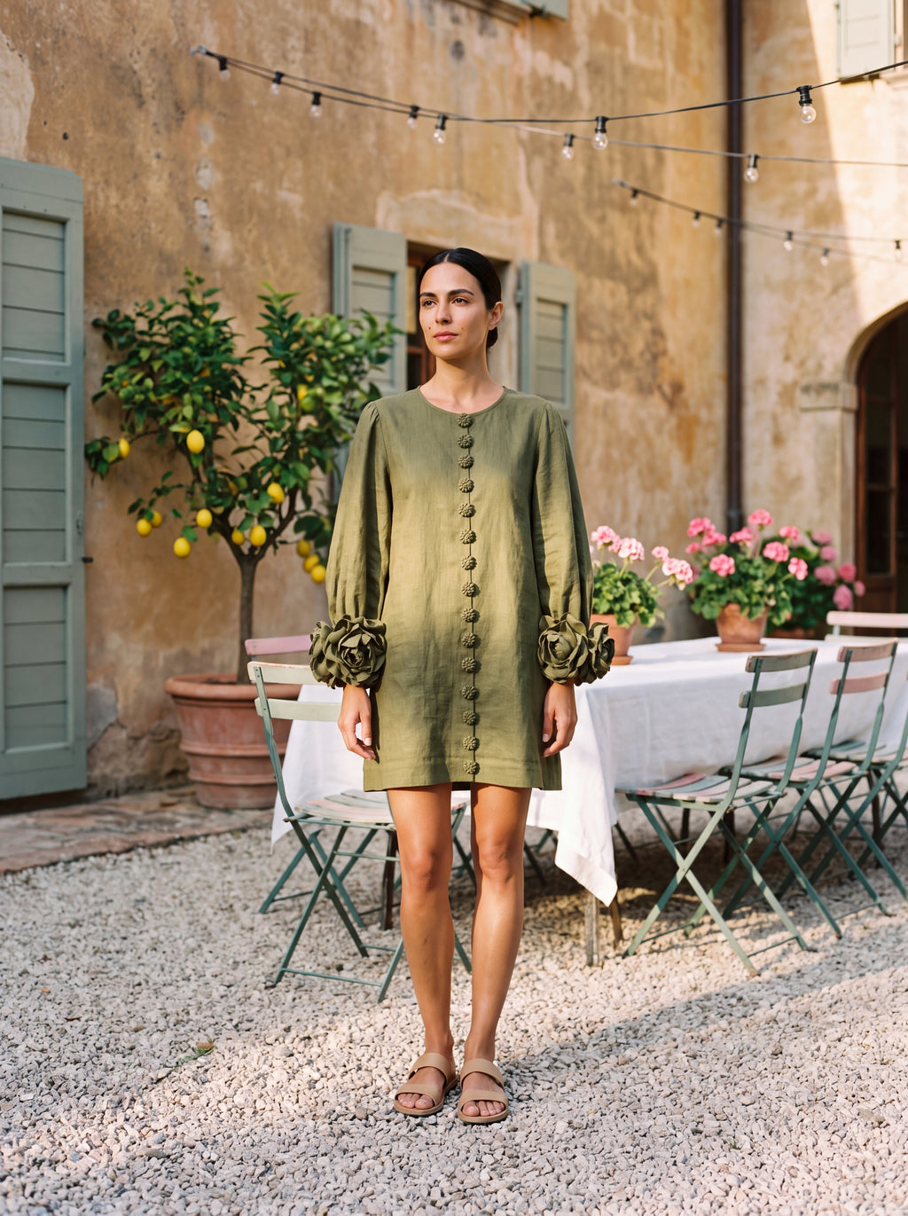 Mini Linen Dress with Flower Buttons & Rosette Cuffs