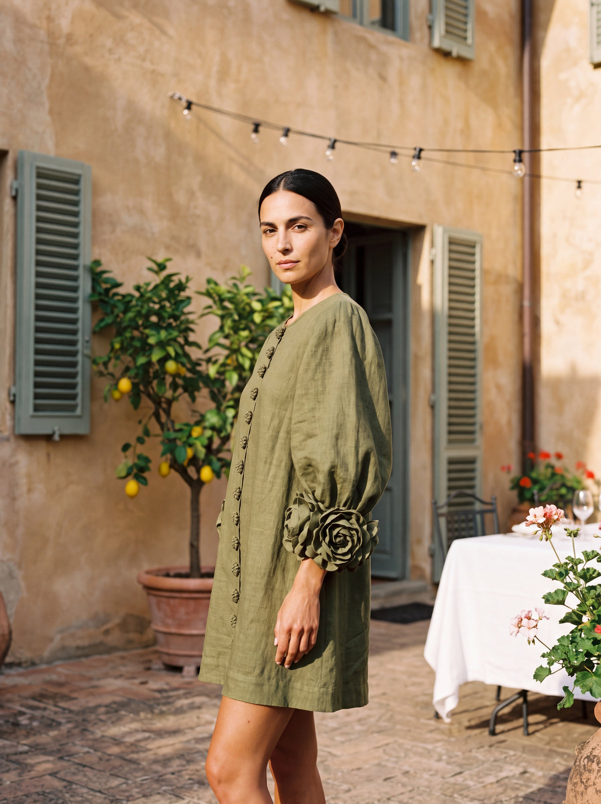 Mini Linen Dress with Flower Buttons & Rosette Cuffs