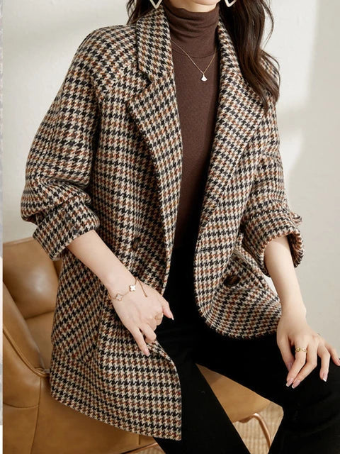 Elvira | Blazer Long Pied Jacket-de-poule – Oversized Checked Coat