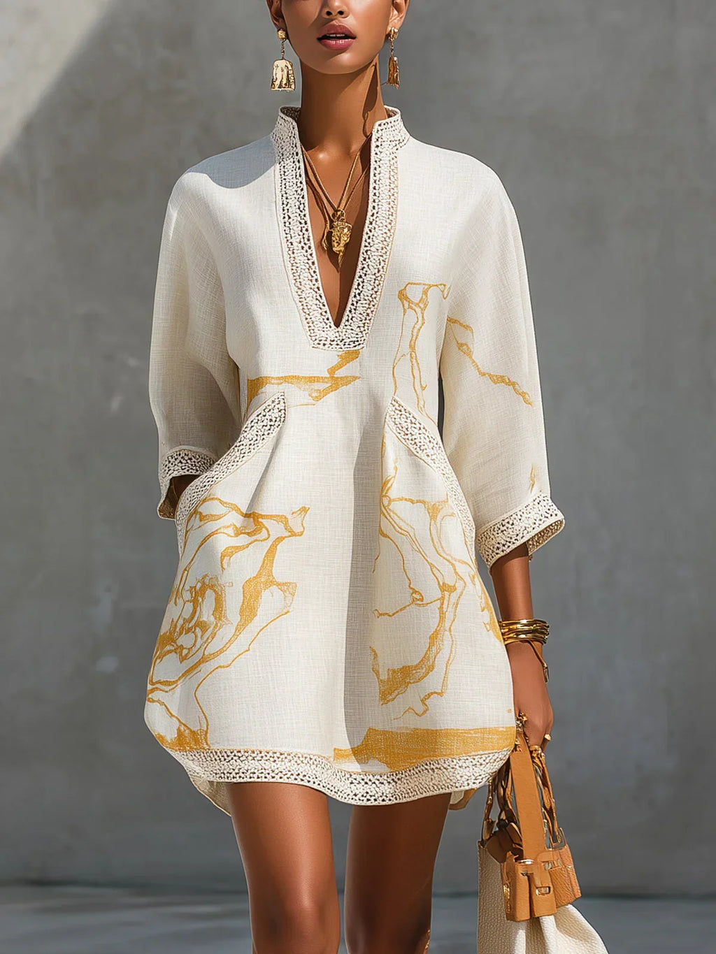 Donatella | Mini Dress with Print Marmo Dorata & Lace Crochet