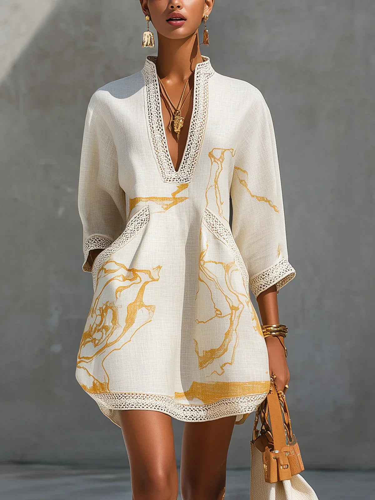 Donatella | Mini Dress with Print Marmo Dorata & Lace Crochet