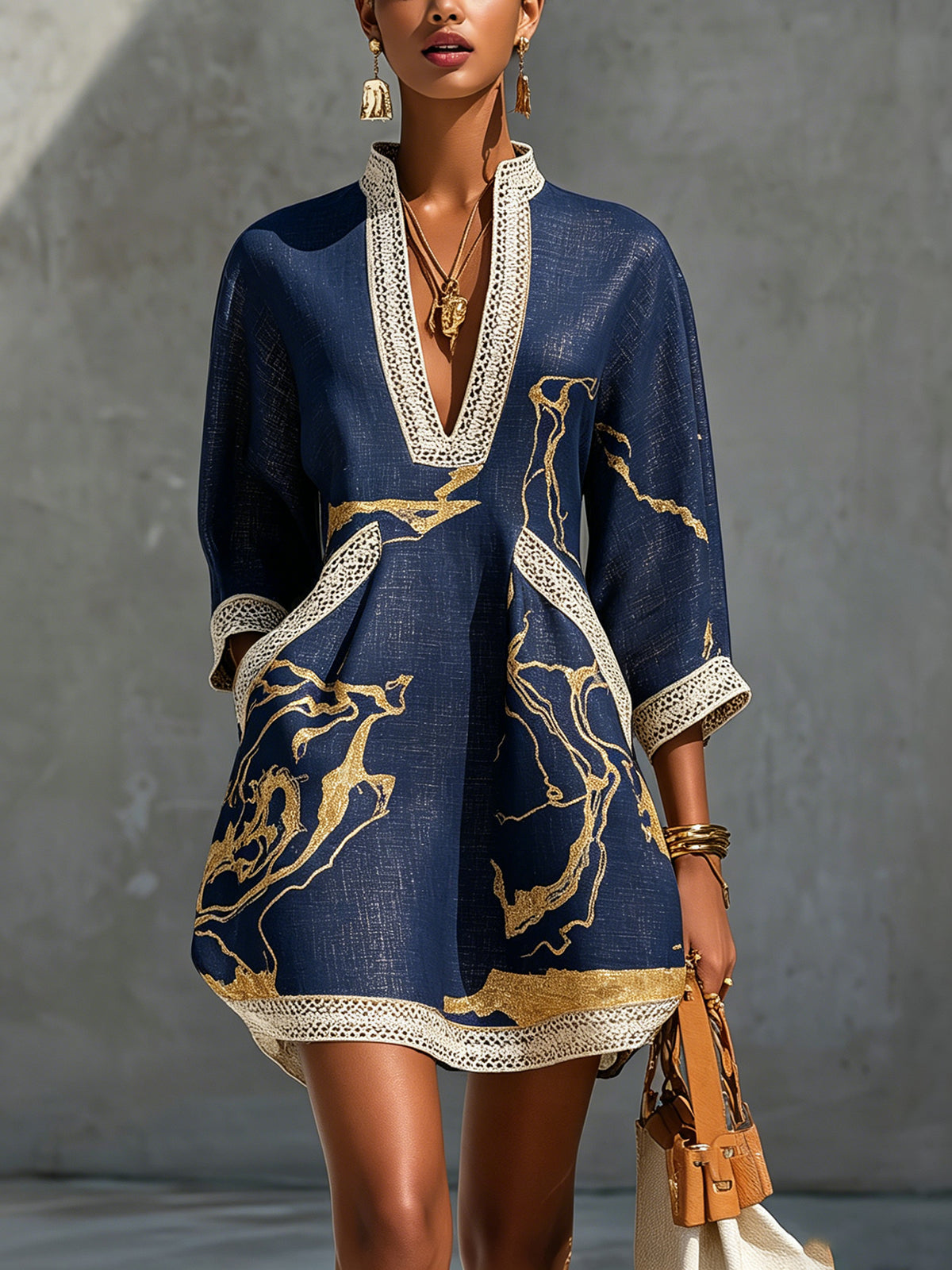 Donatella | Mini Dress with Print Marmo Dorata & Lace Crochet