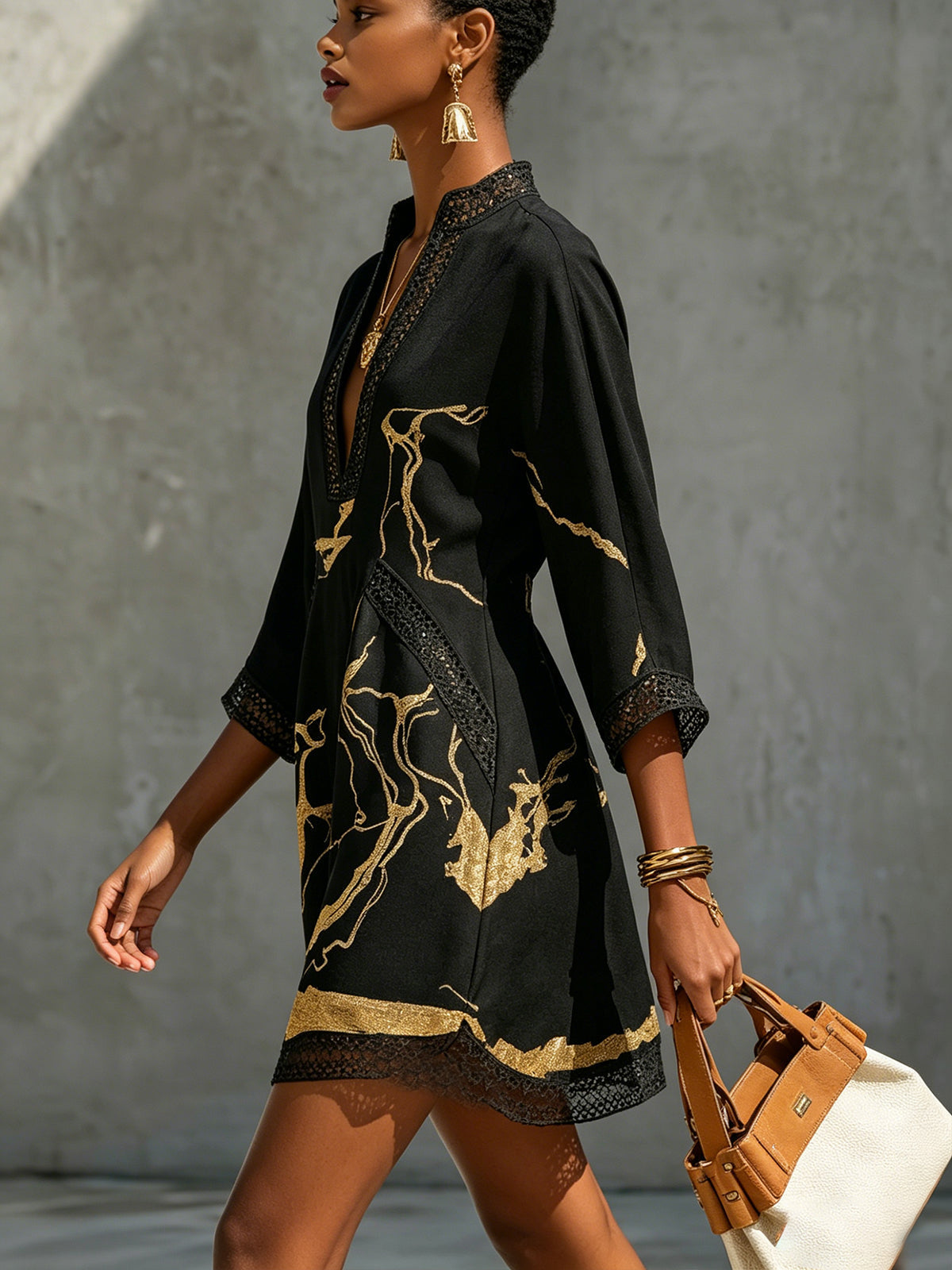 Donatella | Mini Dress with Print Marmo Dorata & Lace Crochet