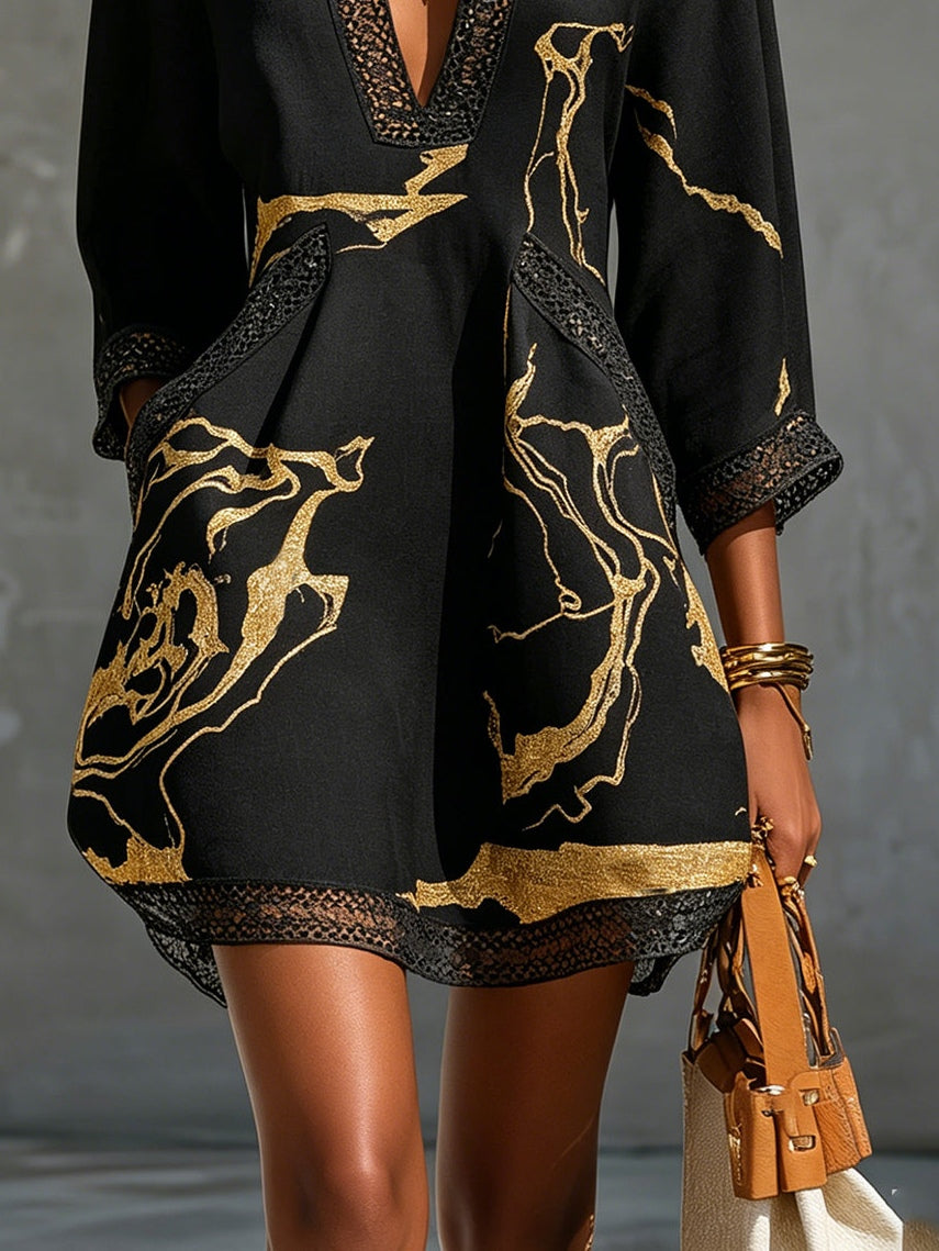 Donatella | Mini Dress with Print Marmo Dorata & Lace Crochet