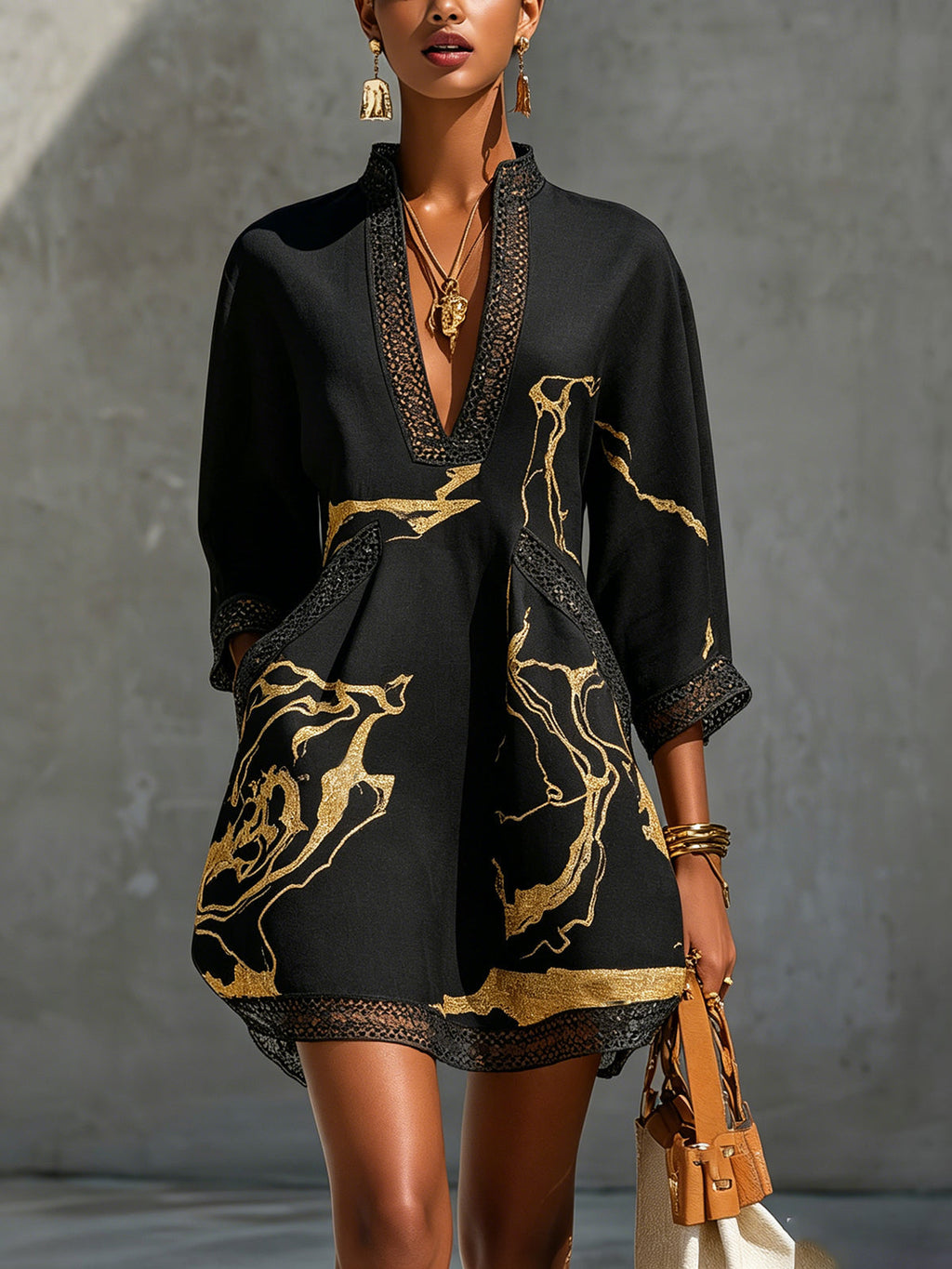 Donatella | Mini Dress with Print Marmo Dorata & Lace Crochet