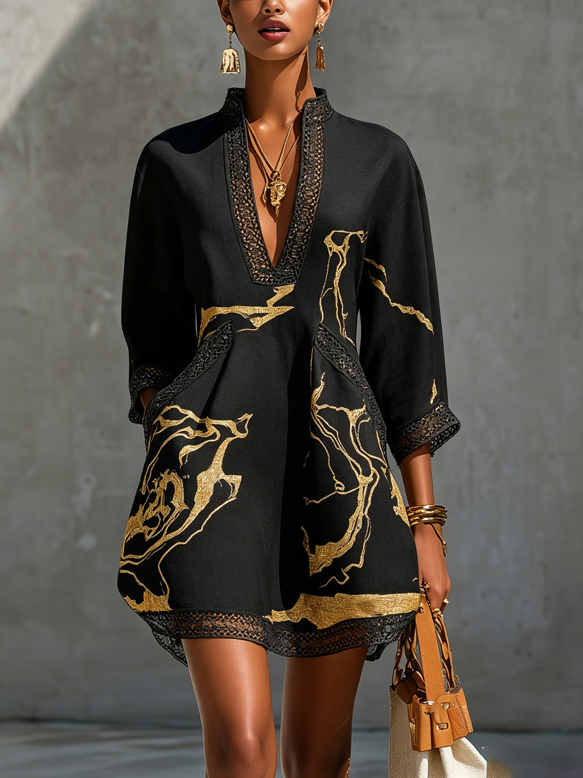Donatella | Mini Dress with Print Marmo Dorata & Lace Crochet
