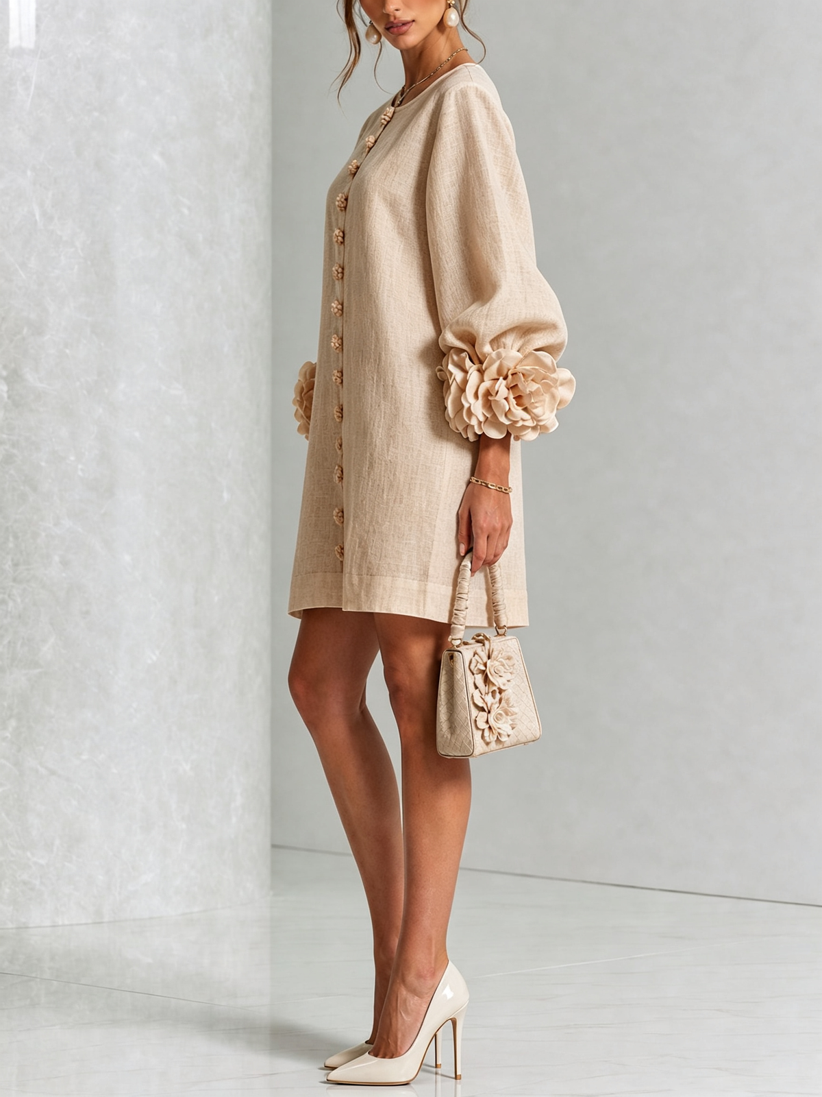 Mini White Dress with Buttons with Floral & Sleeves with Floral Stravaganti