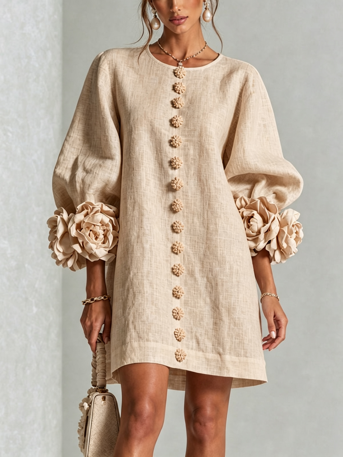 White Mini Dress with Floral Buttons and Whimsical Floral Sleeves