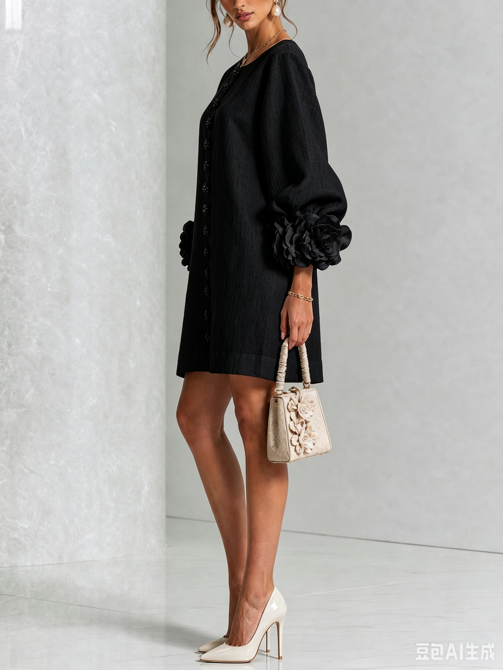 Mini White Dress with Buttons with Floral & Sleeves with Floral Stravaganti