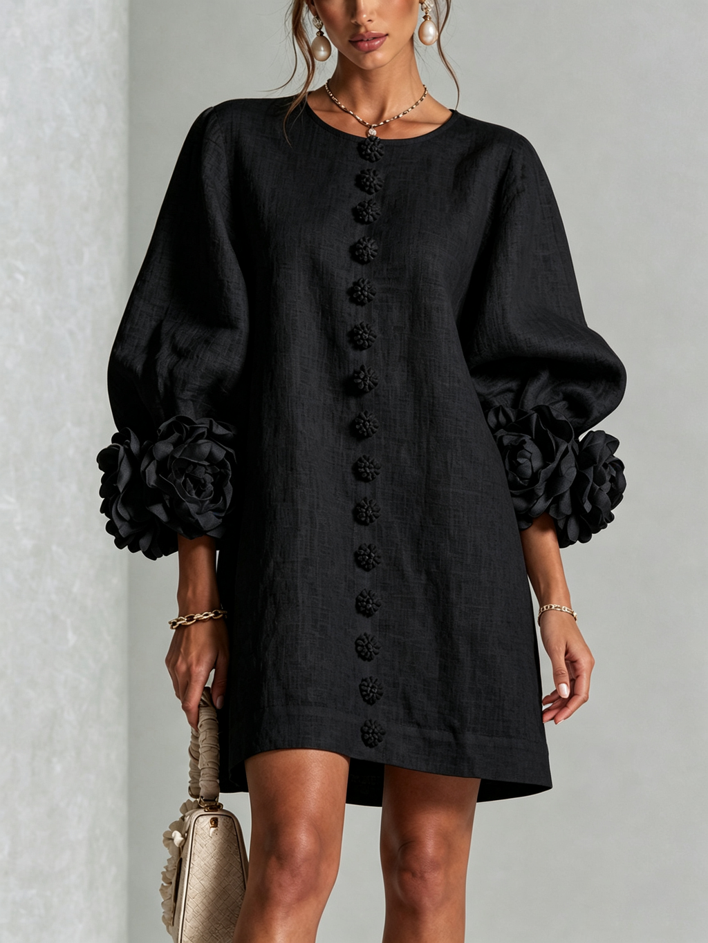 Mini White Dress with Buttons with Floral & Sleeves with Floral Stravaganti