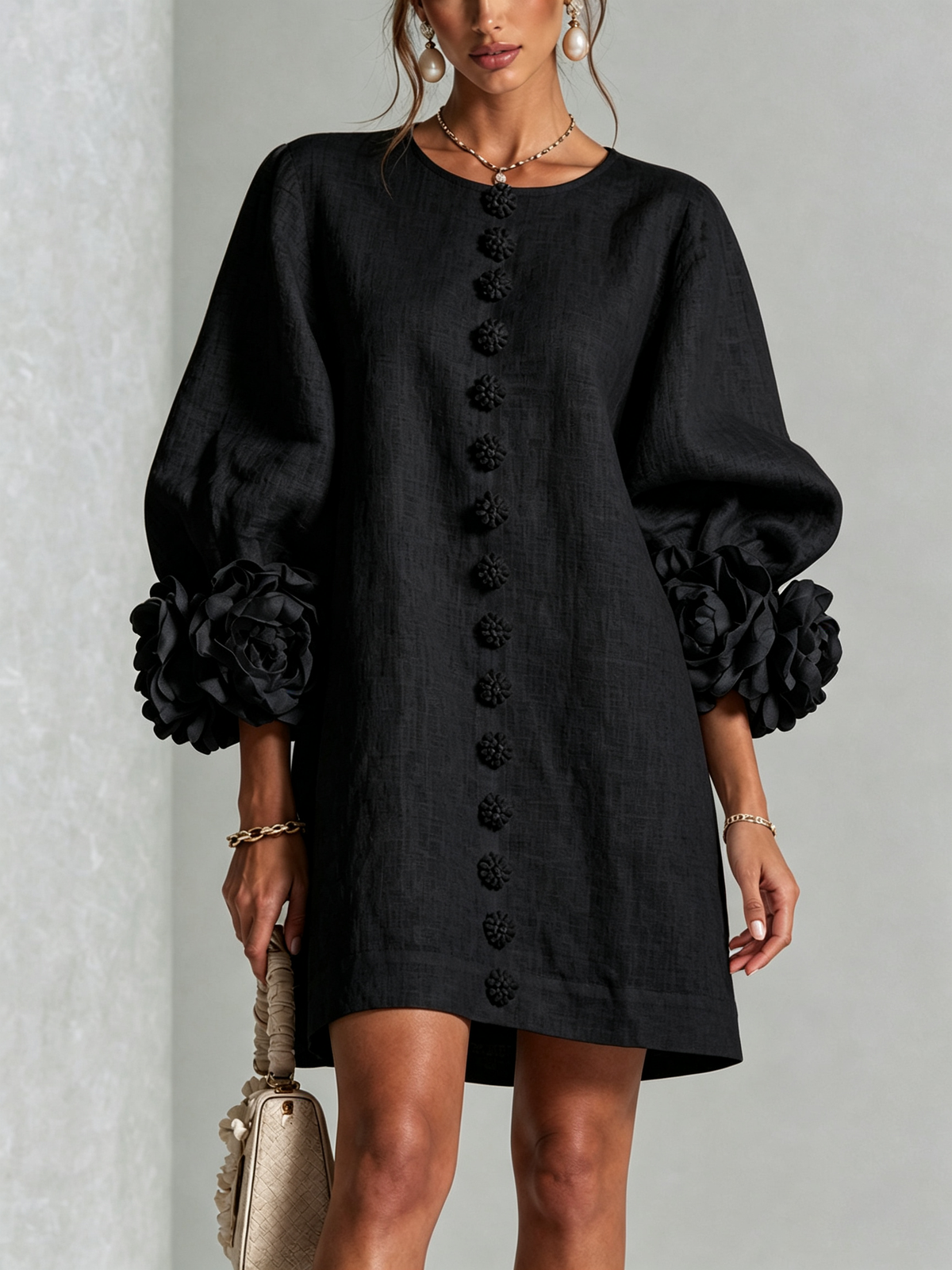 White Mini Dress with Floral Buttons and Whimsical Floral Sleeves