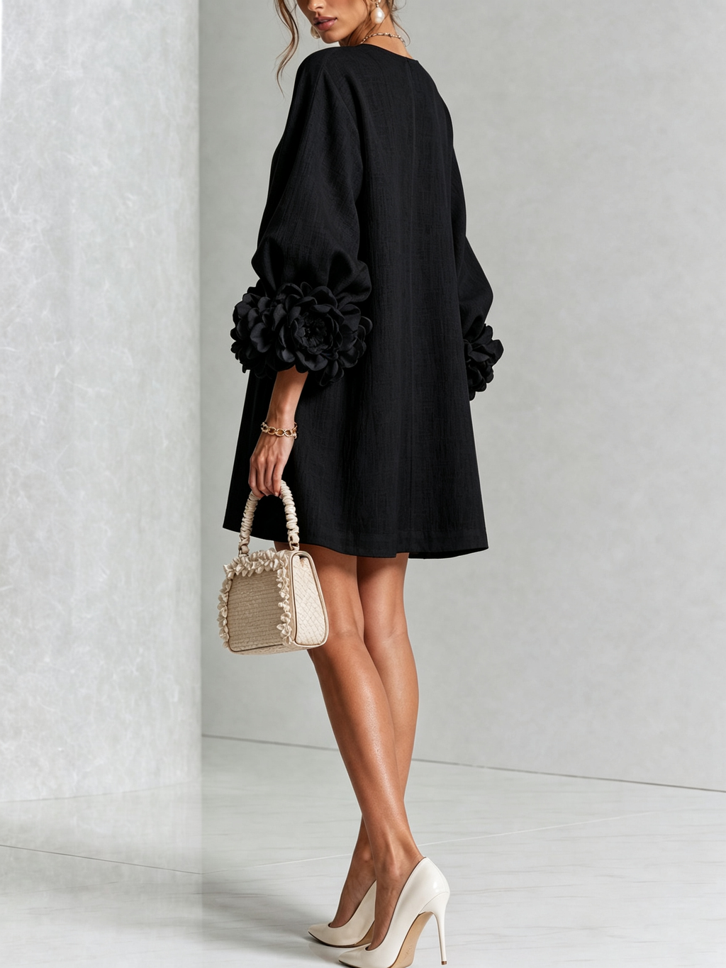 Mini White Dress with Buttons with Floral & Sleeves with Floral Stravaganti