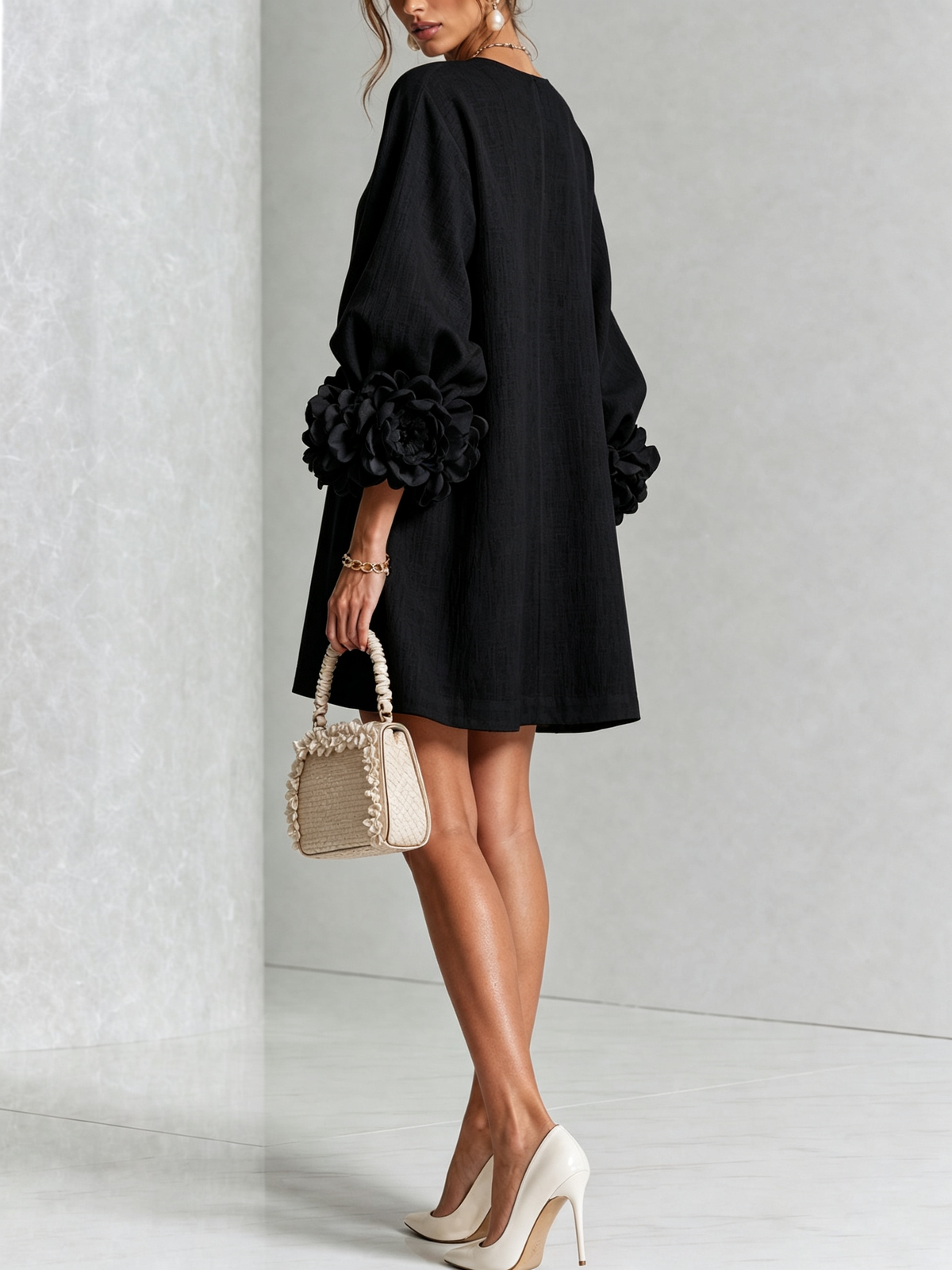 Mini White Dress with Buttons with Floral & Sleeves with Floral Stravaganti