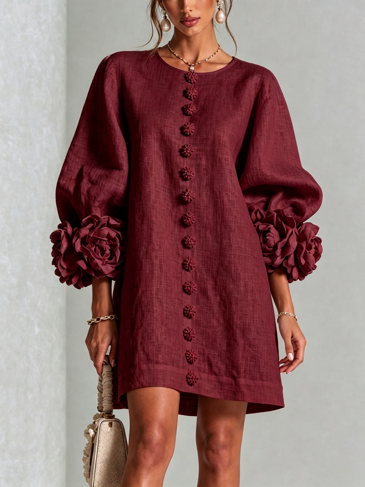 White Mini Dress with Floral Buttons and Whimsical Floral Sleeves