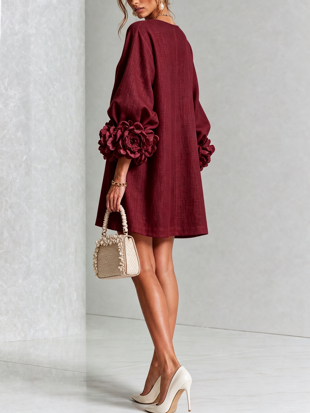 Mini White Dress with Buttons with Floral & Sleeves with Floral Stravaganti