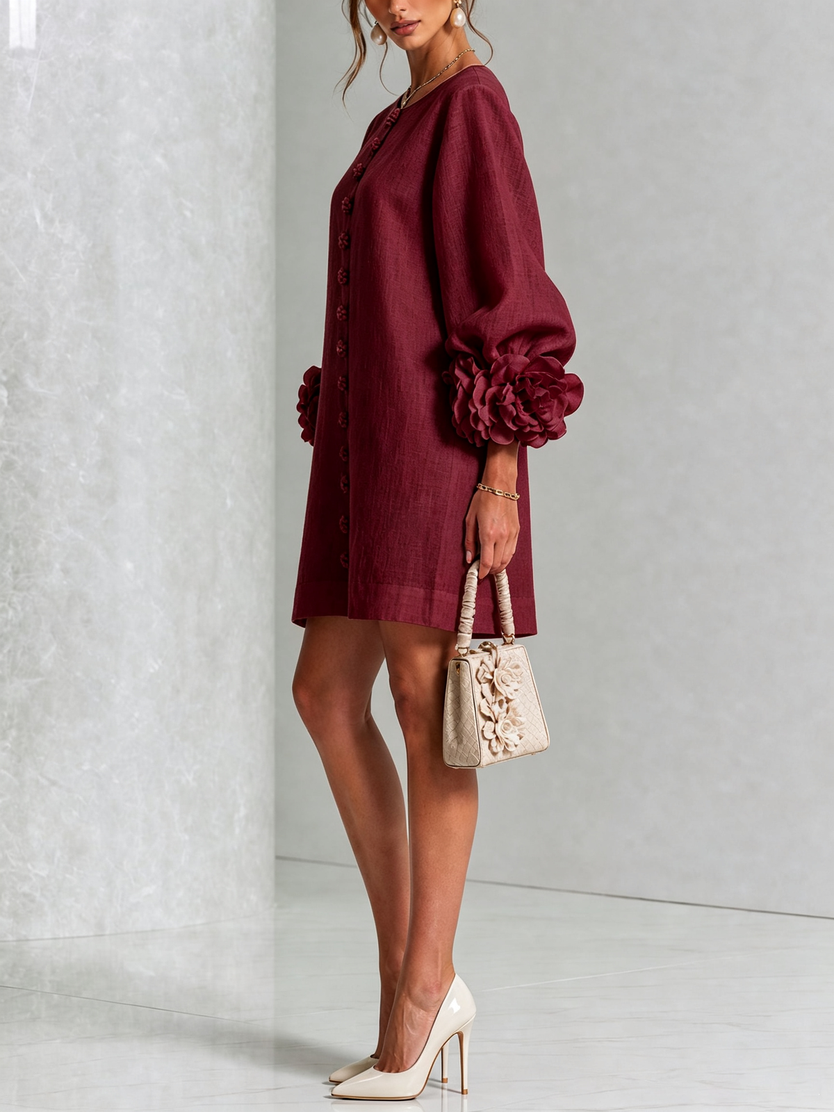 Mini White Dress with Buttons with Floral & Sleeves with Floral Stravaganti