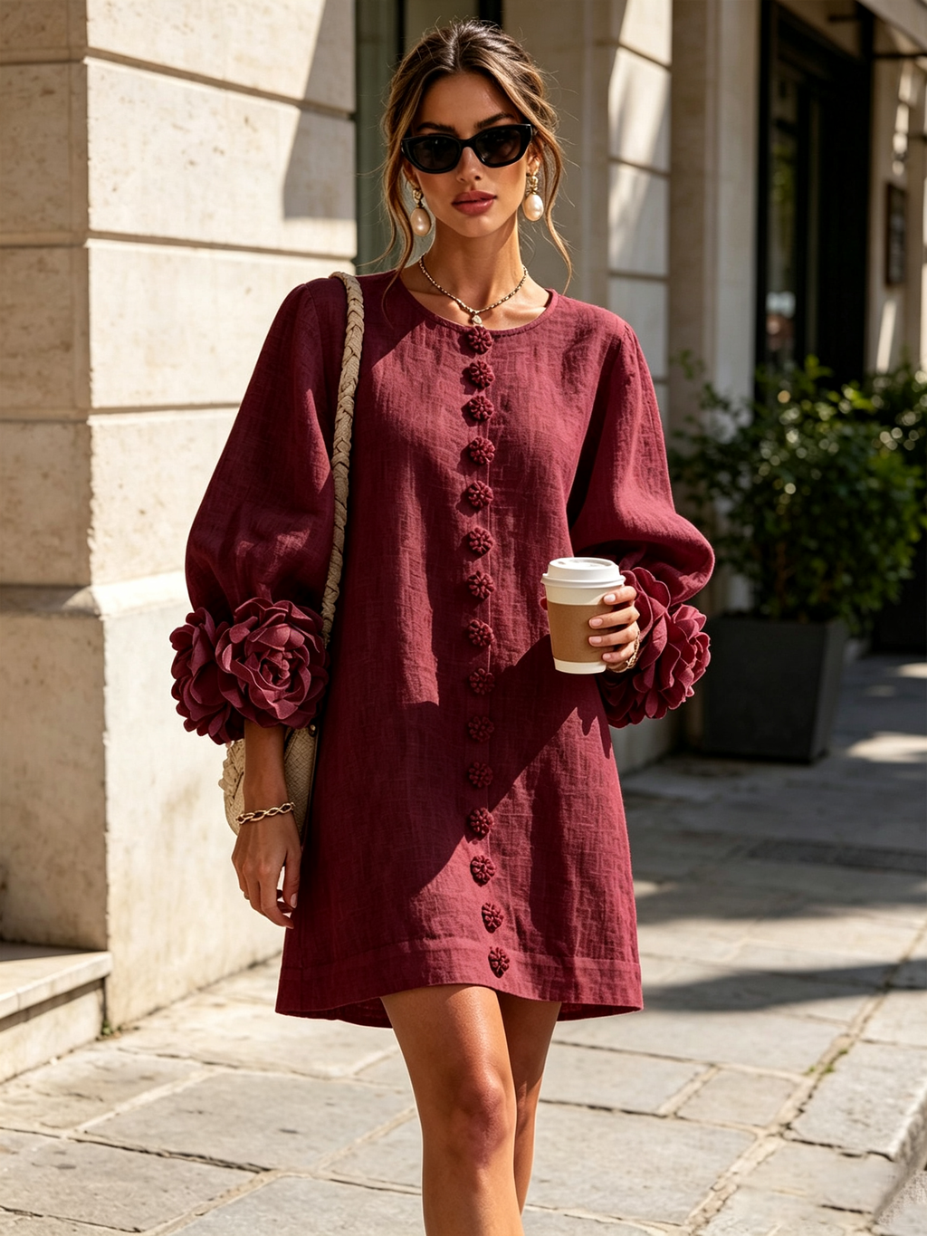 Mini White Dress with Buttons with Floral & Sleeves with Floral Stravaganti