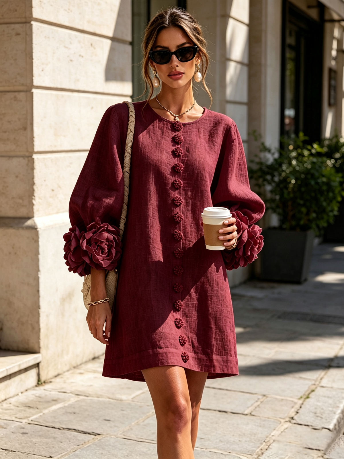 Mini White Dress with Buttons with Floral & Sleeves with Floral Stravaganti