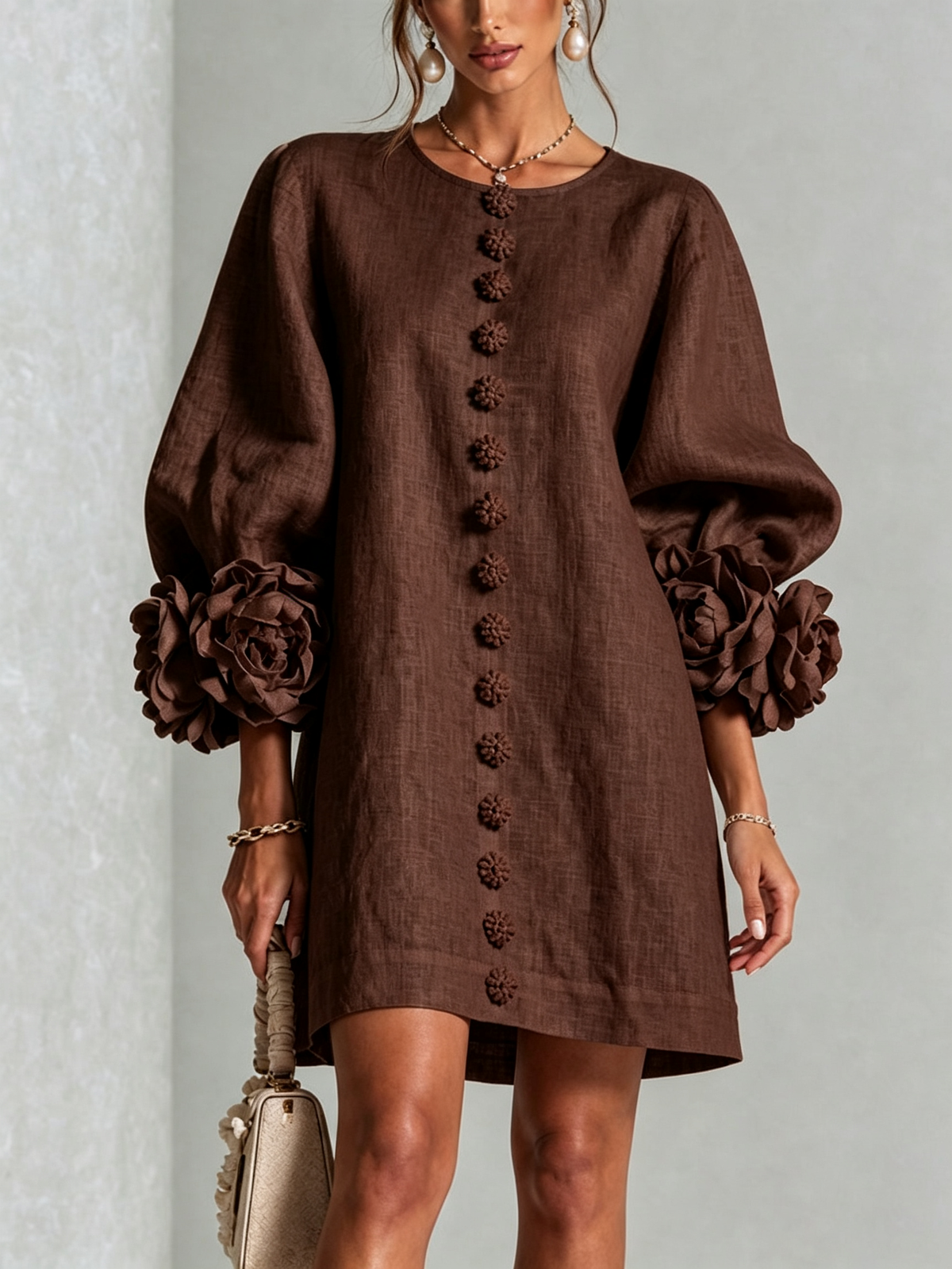 White Mini Dress with Floral Buttons and Whimsical Floral Sleeves