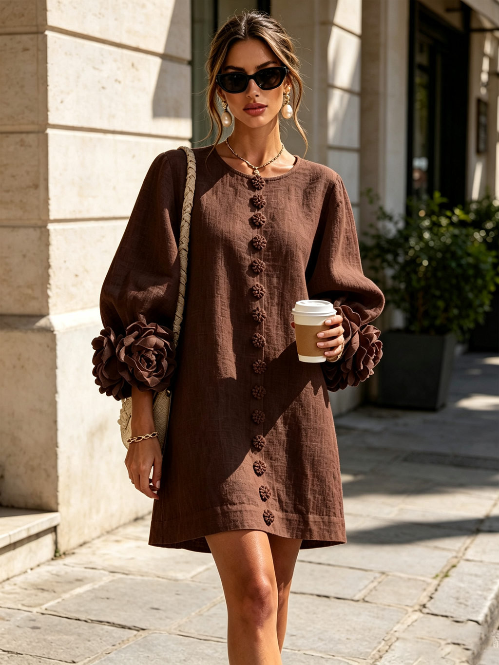 Mini White Dress with Buttons with Floral & Sleeves with Floral Stravaganti