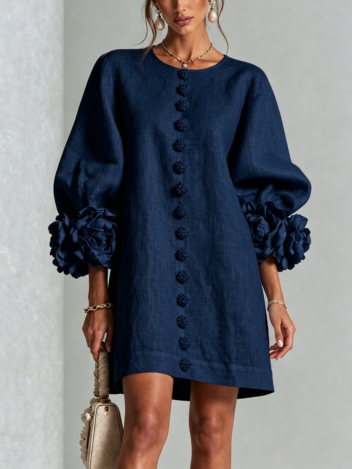 White Mini Dress with Floral Buttons and Whimsical Floral Sleeves
