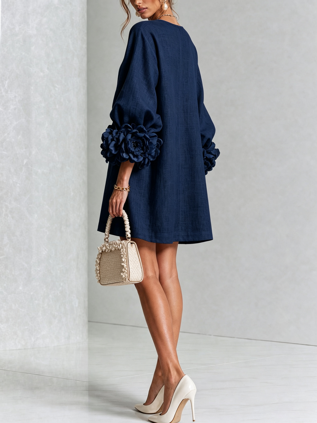 Mini White Dress with Buttons with Floral & Sleeves with Floral Stravaganti