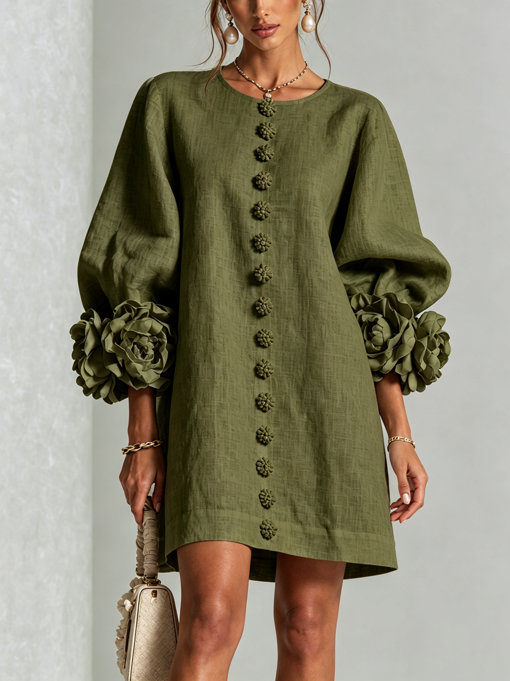 Mini White Dress with Buttons with Floral & Sleeves with Floral Stravaganti